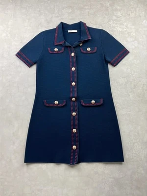 Maje robe mi-longue bleu marine détails rouges mi-saison femme taille M - Photo 1/4