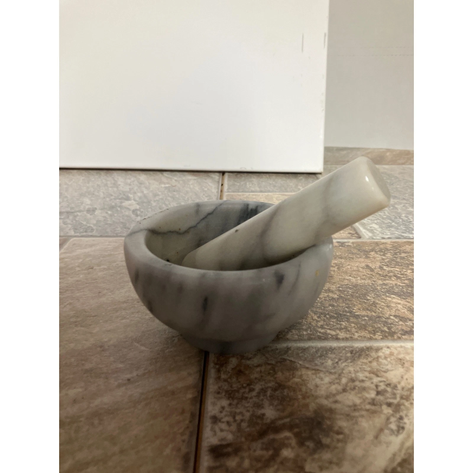 Grey White Veined Marble Mortar and Pestle Set Kitchen Herb Spice Grinder
