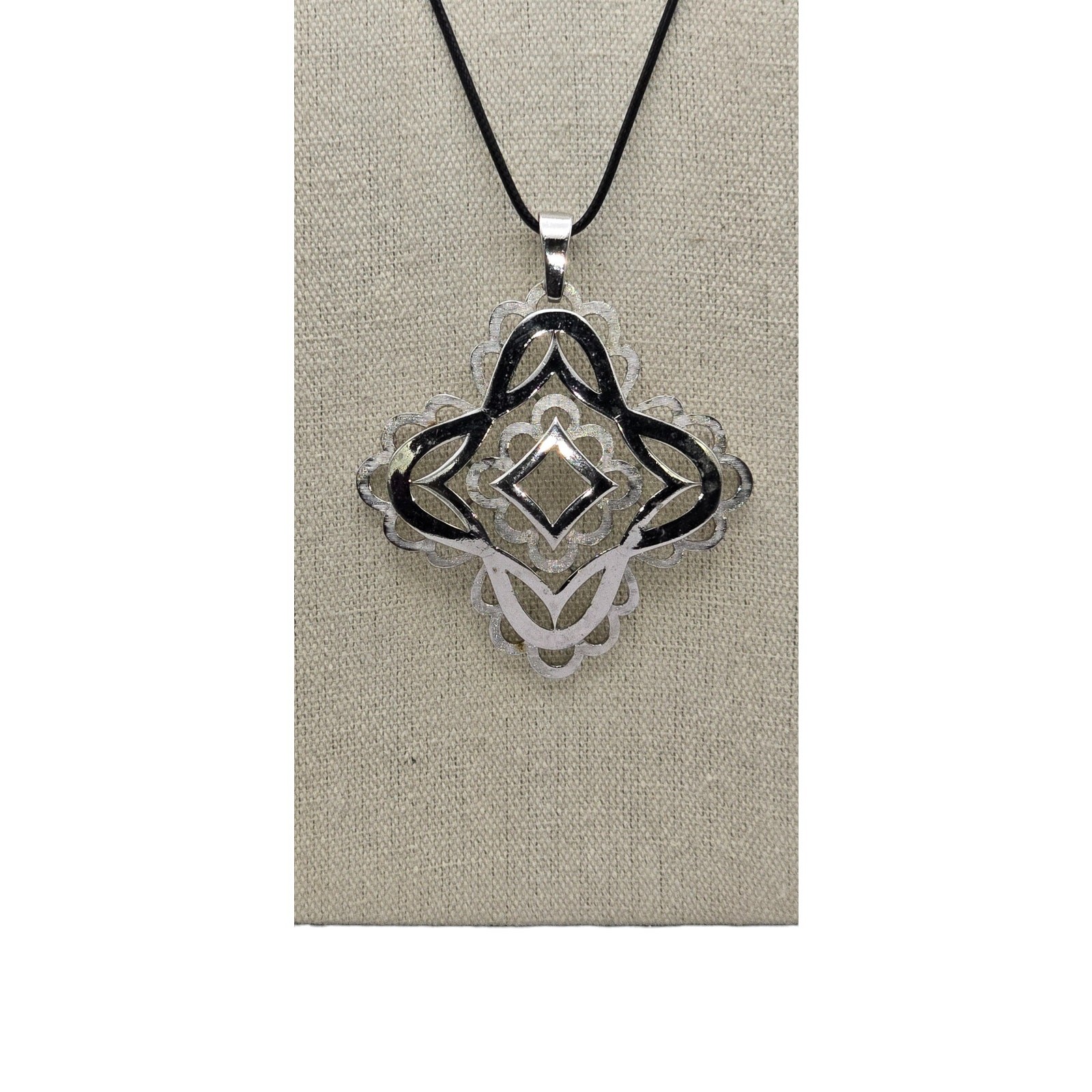 Geometric Silver & Black Enamel Statement Pendant… - image 3