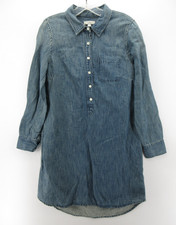 J Crew Dress Women 4 Blue Linen Blend Popover Shirt Tunic Denim Collared Pocket