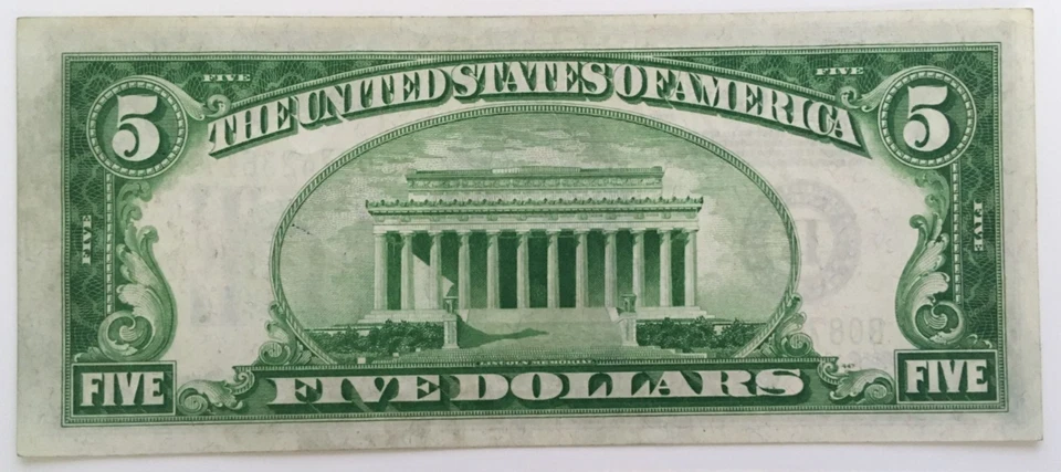 1934 U.S. Federal Reserve $5.00 Dollar Note Green Seal Bank Of New York - Image 2 of 2