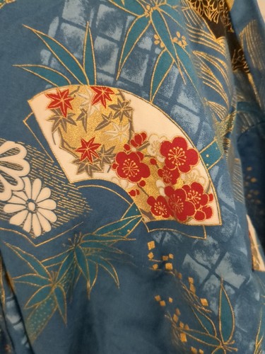 Vintage japanischer Kimono Morgenmantel Baumwolle blau Print von Fächern Bambus Einheitsgröße - Bild 6 von 7