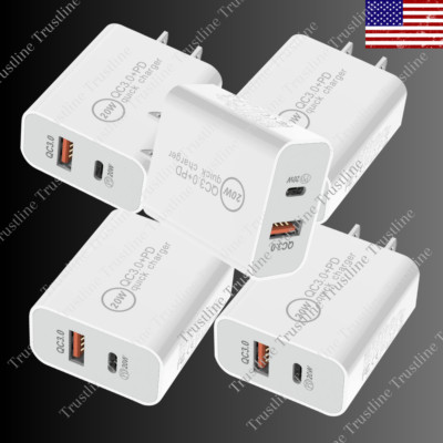5Pack Lot QC Fast Wall Charger 20W USB C Adapter Cord For iPhone Samsung Android
