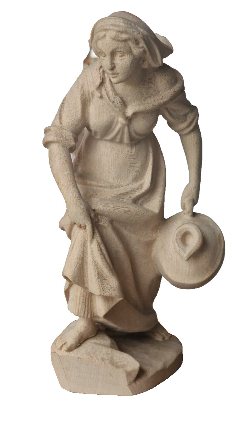 Krippenfigur Holz natur Frau mit Krug Schnitzerei 80er aus Moos Sexten Südtirol