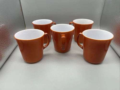 Beautiful Lot of 5 Vintage PYREX D Handle Cinnamon Orange Coffee Mugs Tea Cups
