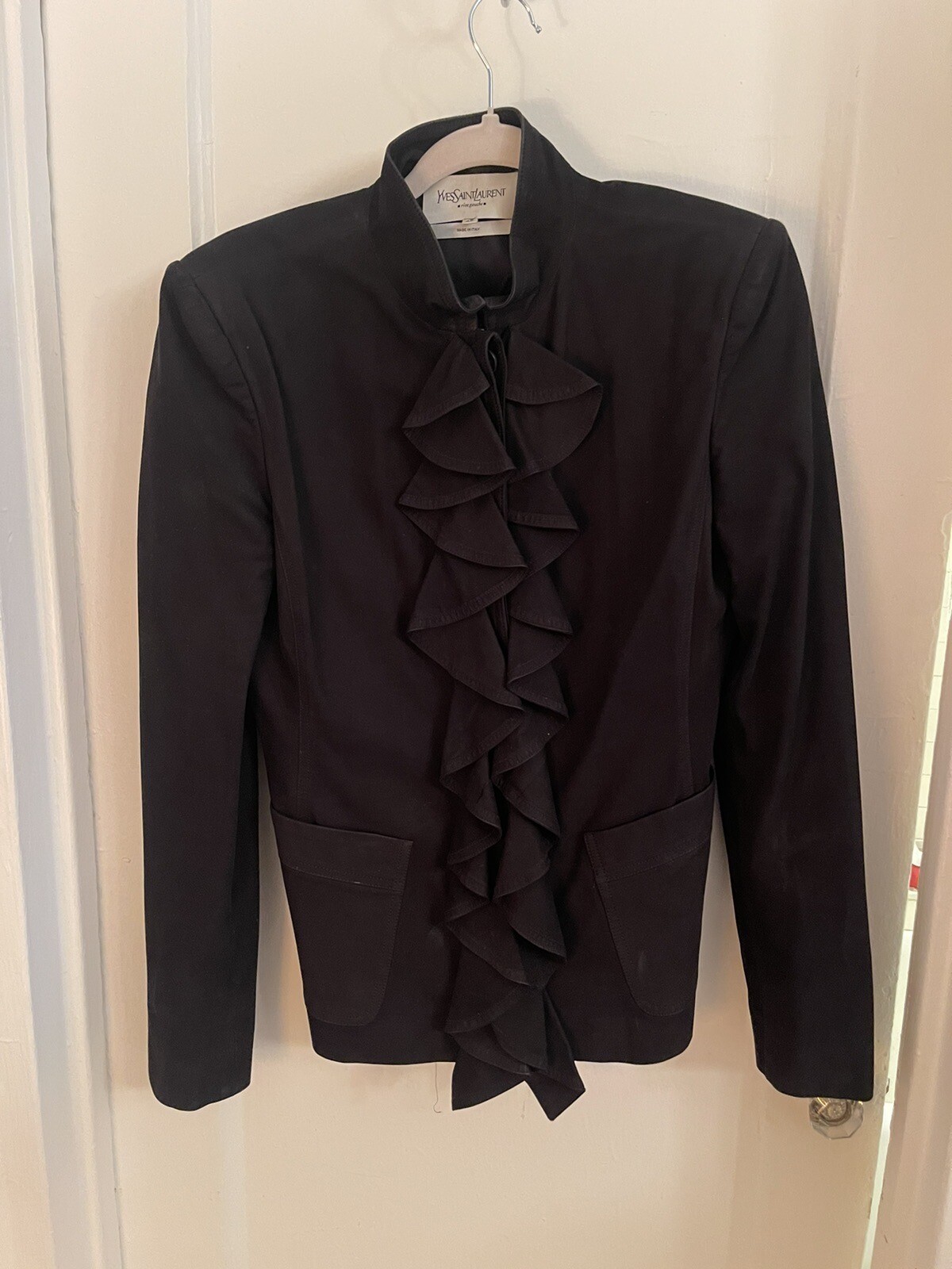 ORIGINALE Saint Laurent YSL Giacca in pelle scamosciata nera arricciata anteriore