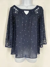 Maeve Anthropologie Top Women’s 0 Star Print Laser Cut Blue White Sheer Shirt