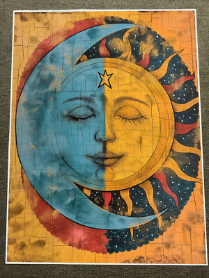 Sun and Moon with Star Traditional Art Poster 18x24in