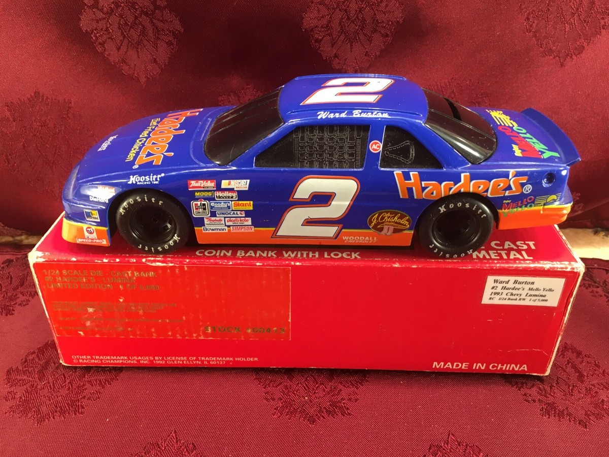 WARD BURTON #2 HARDEES MELLO YELLO 1993 1/24 BW Car Bank & 1/64