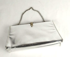 Vintage Faux Leather Metallic Silver Frame Clutch Chain Evening Bag Purse 8"