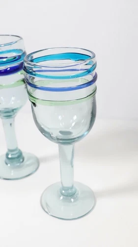 Two Retired Pier 1 Blown Green Bubble Glass Water Goblets Raised Blue Rings