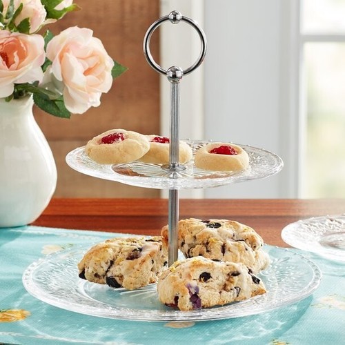 Pioneer Woman 2 Tiered Dessert Server Cassie Embossed Glass Teal or Clear U Pick - Picture 3 of 24