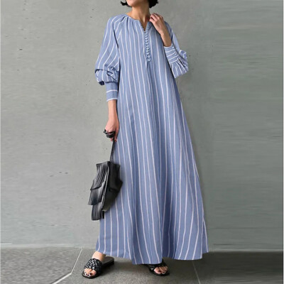 Spring Autumn Ladies Plus Size Women's Casual Loose Long sleeved Striped  Dress | eBay