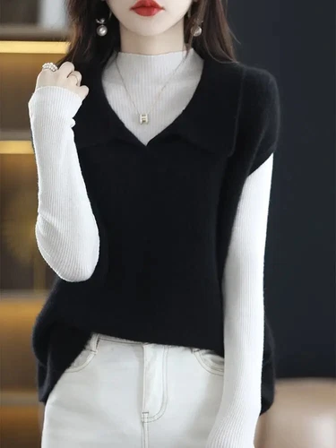 Stylish Turn-down Sweater Vest Casual Sleeveless Autumn Winter Female Clothing - Picture 15 of 27