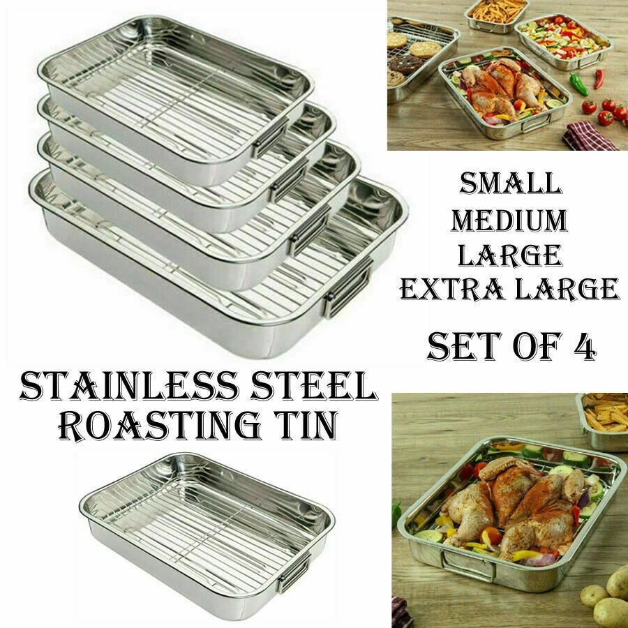 4PC ROASTING TINS STAINLESS STEEL TRAYS OVEN PAN DISH BAKING ROASTER TRAY RACK