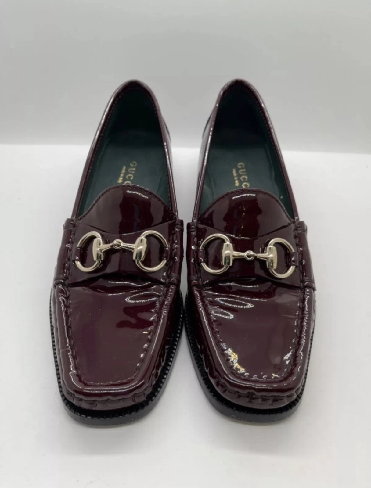 Mocassins GUCCI Catherine Horsebit cuir verni rouge/bordeaux taille 34/4 AUTHENTIQUE