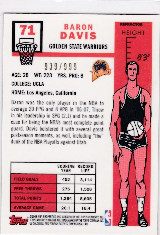 2007-08 Topps Chrome 57-58 Variations #71 Refractor Baron Davis /999 Warriors - Image 2 of 2