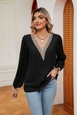 Women's Blouse - Swiss Dot Contrast V-Neck Blouse