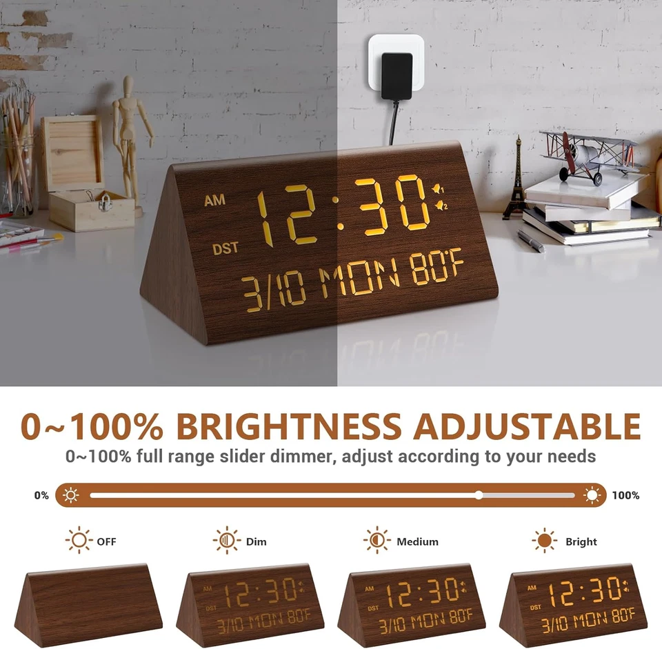 Reloj despertador digital de madera, 0-100% atenuador, 2 ajustes de alarma, lunes de semana/día Foto 3 de 4