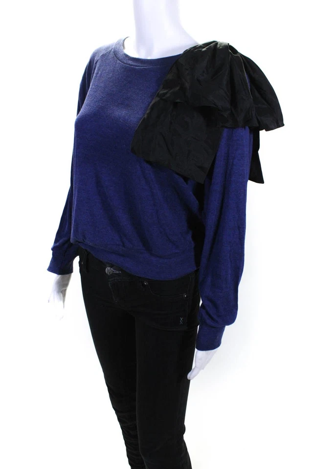 Camisa Thread Social para mujer manga larga con volantes cuello redondo azul algodón XS/S Foto 2 de 4