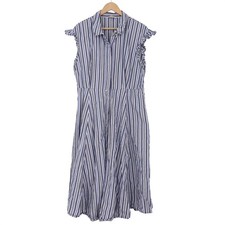 Calvin Klein Dress Womens 14 Shirtdress Blue Striped Ruffle Sleeve Excellent