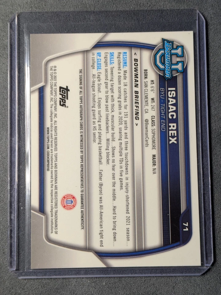 Isaac Rex 2022 Bowman Chrome University 1st Bowman BYU Auto - Image 2 of 2