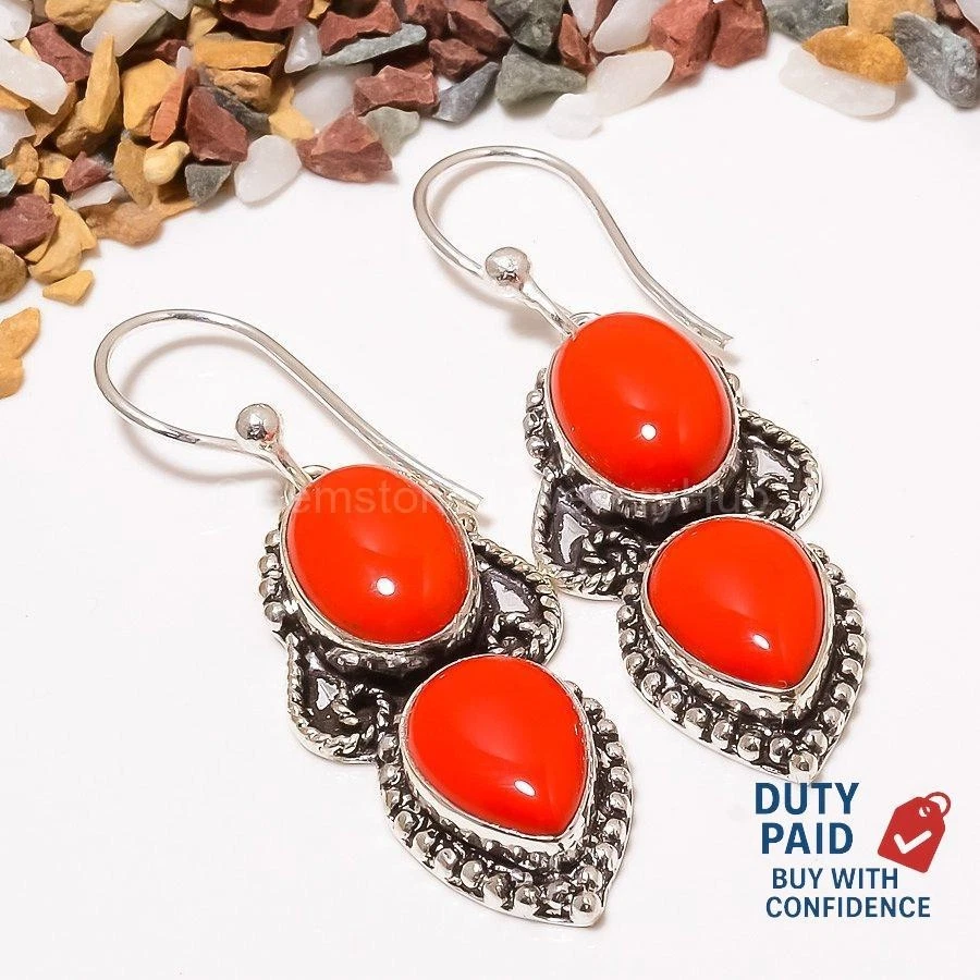 Oferta de Año Nuevo Pendientes Colgantes de Coral Rojo Italiano Genuino Plata de Ley Foto 3 de 4