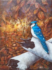 CARIN - "The Blue Jay" (41x33 cm) - Original Oil Painting - Animal Art