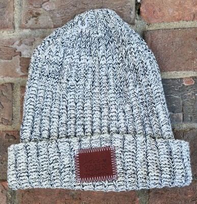LOVE YOUR MELON Navy Blue Speckled Cuffed OVERSIZED Beanie Hat Leather Patch NEW