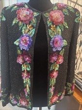 VTG Laurence Kazar 100 silk beaded sequin floral jacket sz S 90s 80s formal