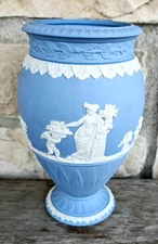 Wedgwood Blue Jasperware Bountiful Vase 8" Tall Cameo Relief AS IS