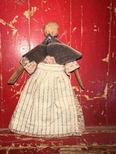 Antique American Hand Held Folk Art Nut Head Doll Stump Wood Body