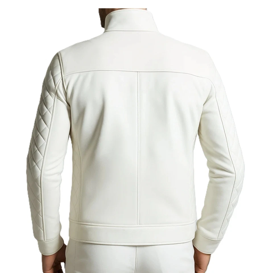 Men's Real Lambskin Leather White Flight Bomber Jacket Quilted Style Biker Coat - Image 2 of 4