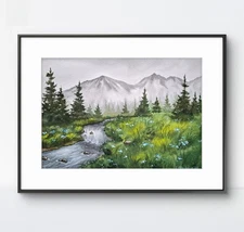 Watercolour Original Mountain Landscape River Flowers Forest Painting Painting Landscape
