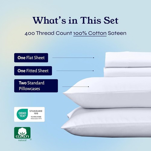 Durable 100% Cotton Full Size Bed Sheet Set - 400 Thread Count, Machine Washable - Picture 5 of 10