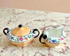Royal Schwarzburg Peach & Black Sugar and Creamer w lid Floral