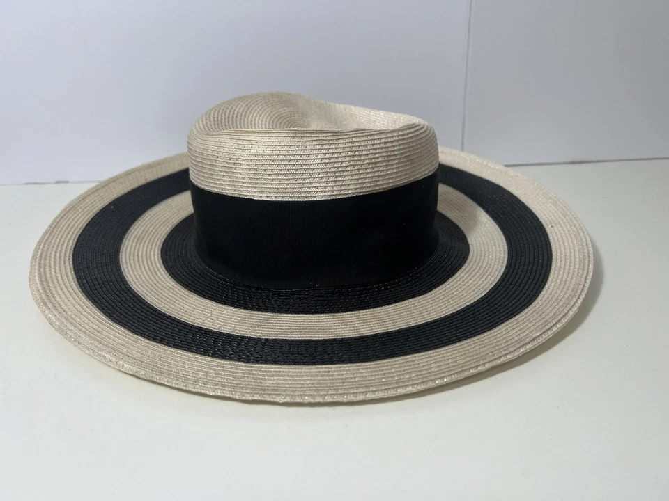 Vintage 1980s Hat by Ernie Beige Black Bow White Wide Brim Pretty Woman - Image 3 of 4