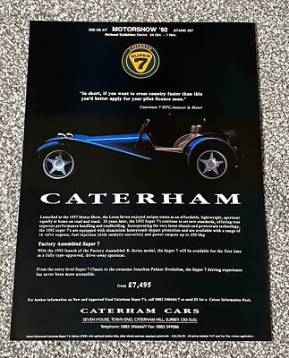 Seltenes Sammlerstück Vintage 1992 Zeitschrift Werbebild Caterham Super 7 Anzeige 90er