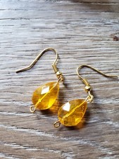 Yellow czech bead earrings, gold color metal, handmade