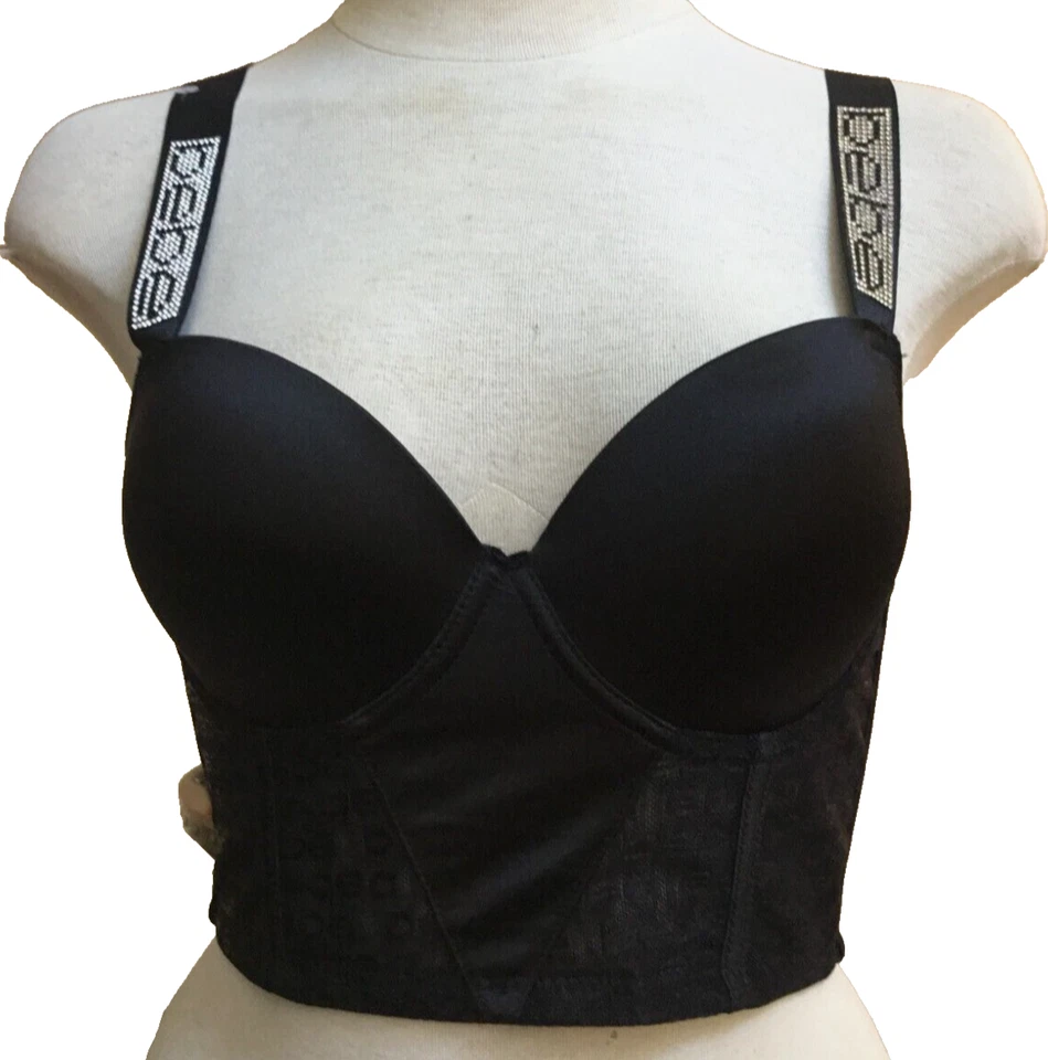 BEBE Bustier Crop Top Tank Bra Push Up Stones Corset Lace Logo Stretchy Blk 38C - Image 4 of 4