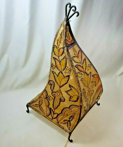 Vintage Mid Century RAW HIDE Shade Sail Cone Mosaic Design Lamp Cast Iron WORKS - Picture 7 of 12