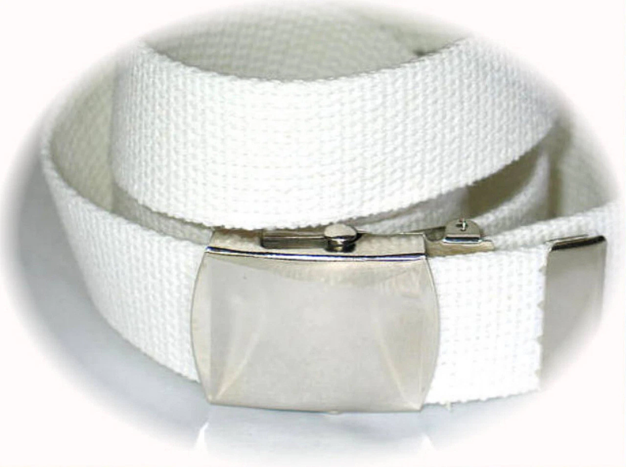 Canvas WHITE 1 1 4" x 34" Military Web Fabric Belt MIRROR SILVER Metal Buckle
