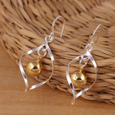 Ohrhänger 925 Sterling Silber gedrehte Spirale Gelbgold vergoldet Kugel