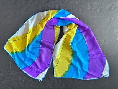 Vintage Vera Neumann Silk Scarf Blue/Purple/Yellow/White Rectangular 15''x43.5''