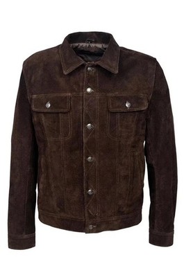 Men s Dark Brown Suede Trucker Jacket Genuine Cowhide Western Bomber