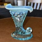 Vintage Blue Fenton Hobnail Cornucopia Bud Vase Opalescent