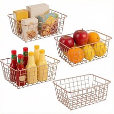 4 PCS Rose Gold Metal Wire Storage Baskets Pantry Organizer Bins Handles