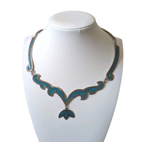 Sterling Silver 925 Mexican Turquoise Necklace Floral Ornate Collar Choker - Picture 1 of 6