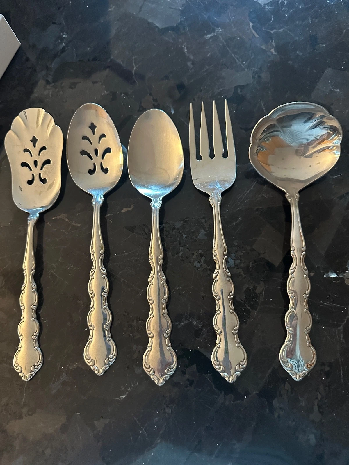 Oneida MOZART Flatware Slotted Serving Spoon + wedge Meat Fork, Ladle, LG spoon