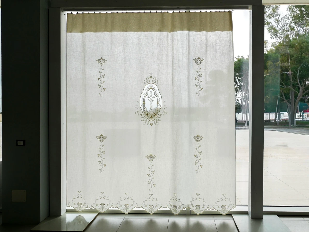 Tendine In Misto Lino Ricamate – 60x240 Cm – Bianco – Coppia – Euroricami Viterbo